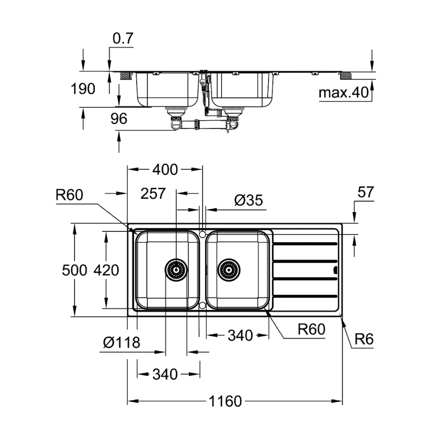 GROHE 31588SD1 - Roestvrijstalen spoelbak K500 1160 × 500 mm