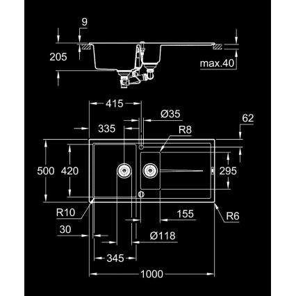 GROHE 31642AP0 - Composietspoelbak K400, 1000 × 500 mm, zwart
