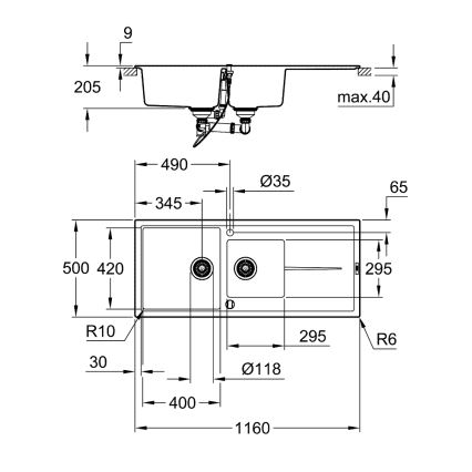 GROHE 31643AP0 - Composiet spoelbak K400 1160 × 500 mm zwart