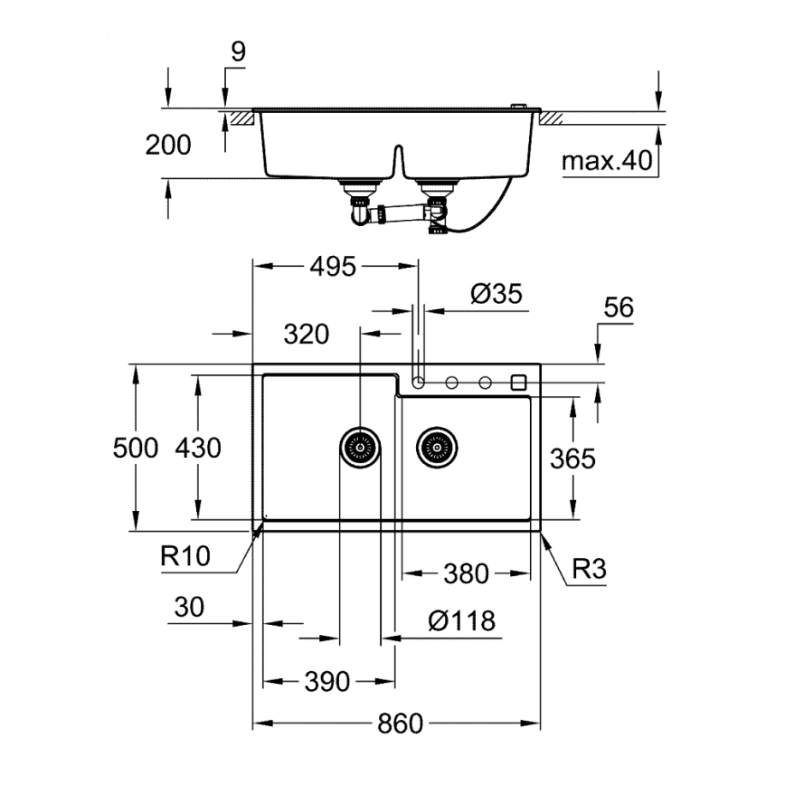 GROHE 31649AP0 - Composiet spoelbak K500 860 × 500 mm zwart