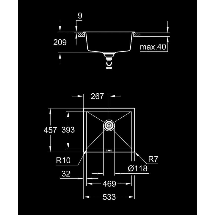 GROHE 31654AP0 - Composiet spoelbak K700U 533 × 457 mm zwart