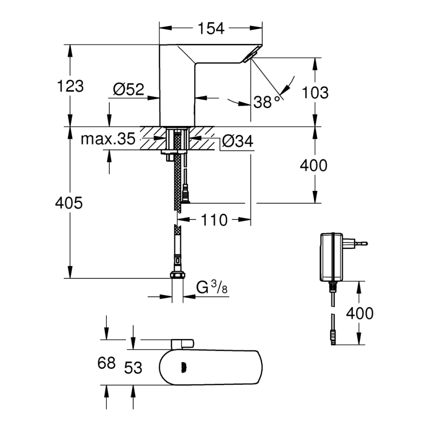 GROHE 36453000 - Infrarood elektronische wastafelkraan BAU COSMOPOLITAN E 123 mm chroom