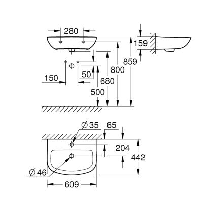 GROHE 39421000 - Wandgemonteerde wastafel BAU CERAMIC 609 × 442 mm keramiek/wit
