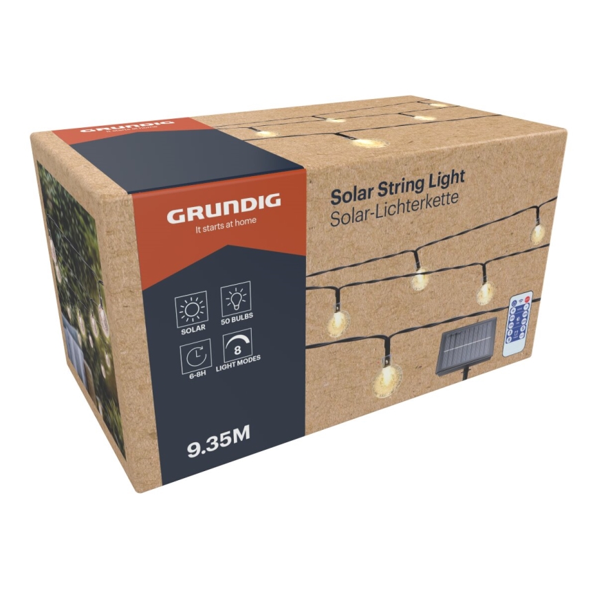 Grundig - LED Dimbaar zonne- ketting 50xLED/8 Functies 9,35m IP44 warm wit + afstandsbediening