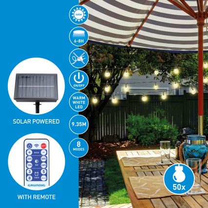 Grundig - LED Dimbaar zonne- ketting 50xLED/8 Functies 9,35m warm wit + afstandsbediening