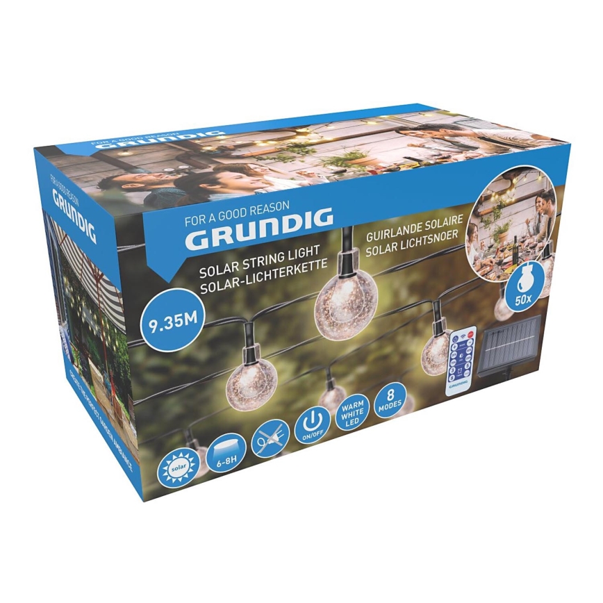 Grundig - LED Dimbaar zonne- ketting 50xLED/8 Functies 9,35m warm wit + afstandsbediening