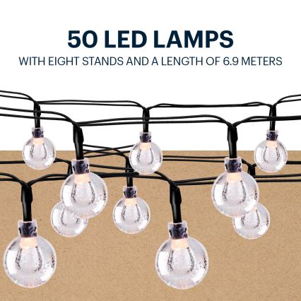 Grundig - LED Solar ketting 50xLED/8 Functies 6,9m warm wit