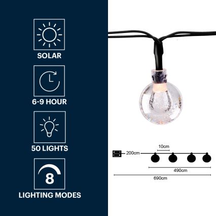 Grundig - LED Solar ketting 50xLED/8 Functies 6,9m warm wit