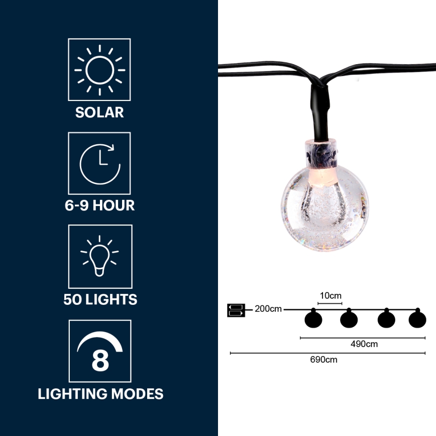 Grundig - LED Solar ketting 50xLED/8 Functies 6,9m warm wit