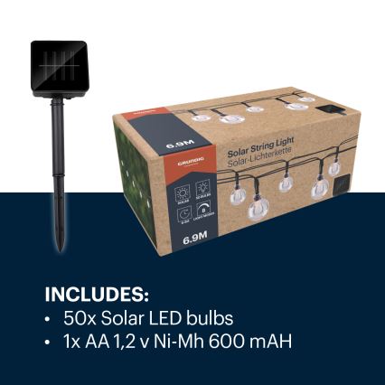 Grundig - LED Solar ketting 50xLED/8 Functies 6,9m warm wit