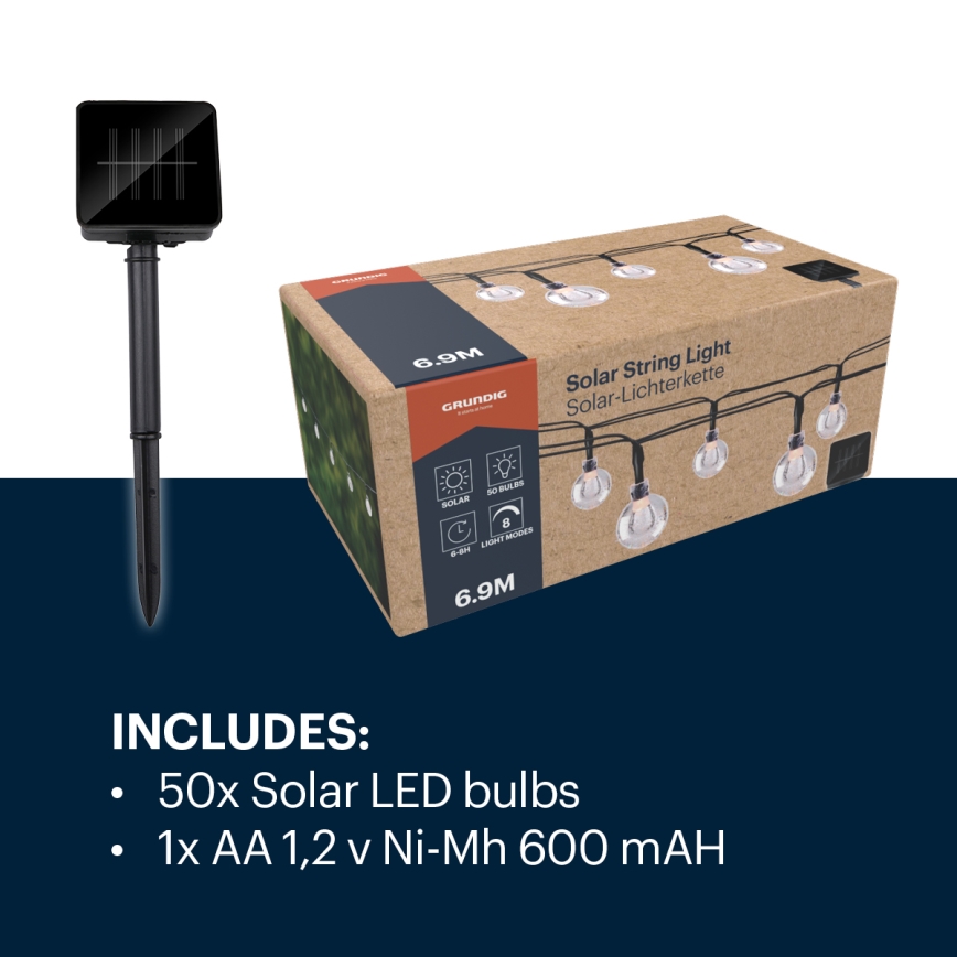 Grundig - LED Solar ketting 50xLED/8 Functies 6,9m warm wit