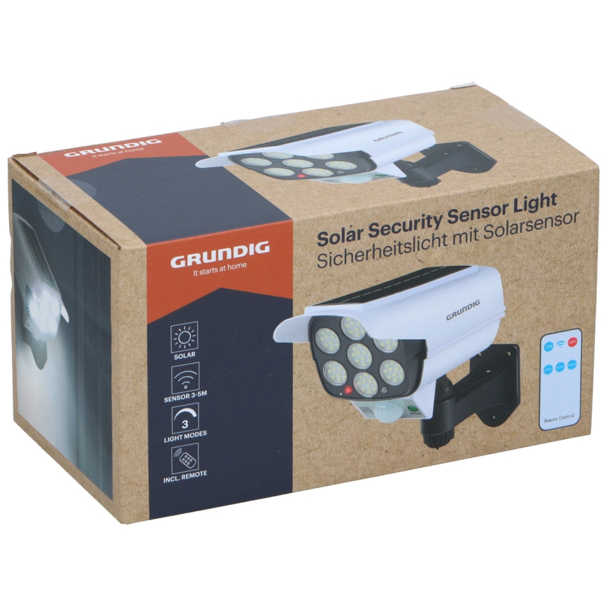 Grundig - LED zonnegevoede dummy-beveiligingscamera met sensor, LED/1,2V 800 mAh + afstandsbediening