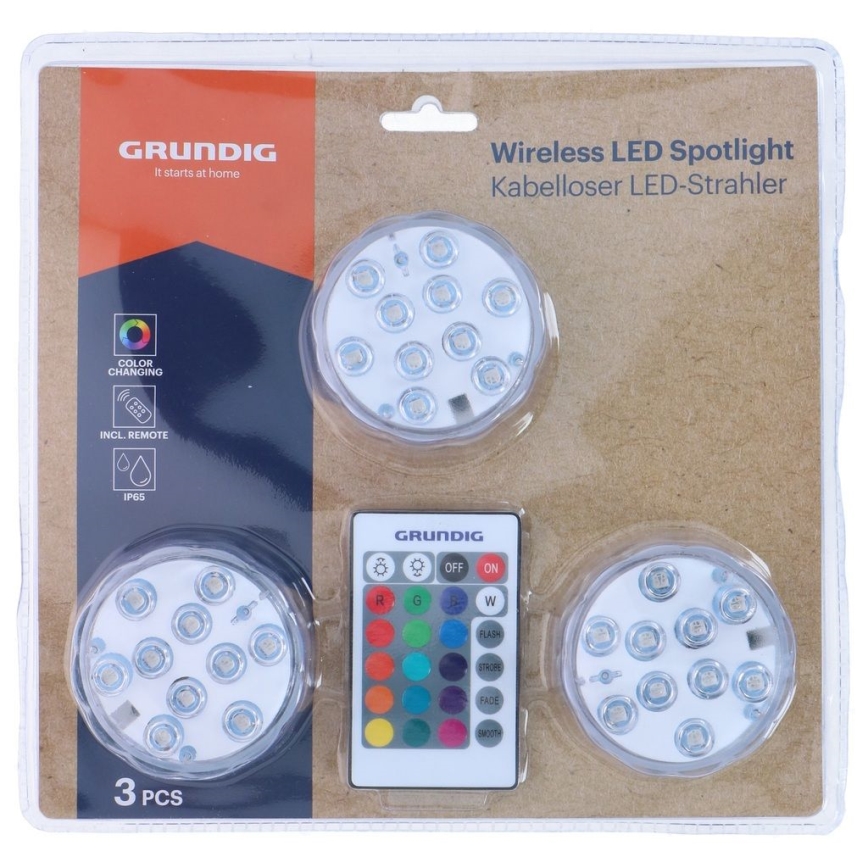 Grundig - Set van 3 dimbare RGBW LED-armaturen LED/3W/3xAAA IP65 + afstandsbediening