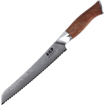 Gudaro - Damast broodmes TAKUMI 8, 67 lagen damaststaal, lengte 20 cm, walnoothouten handvat
