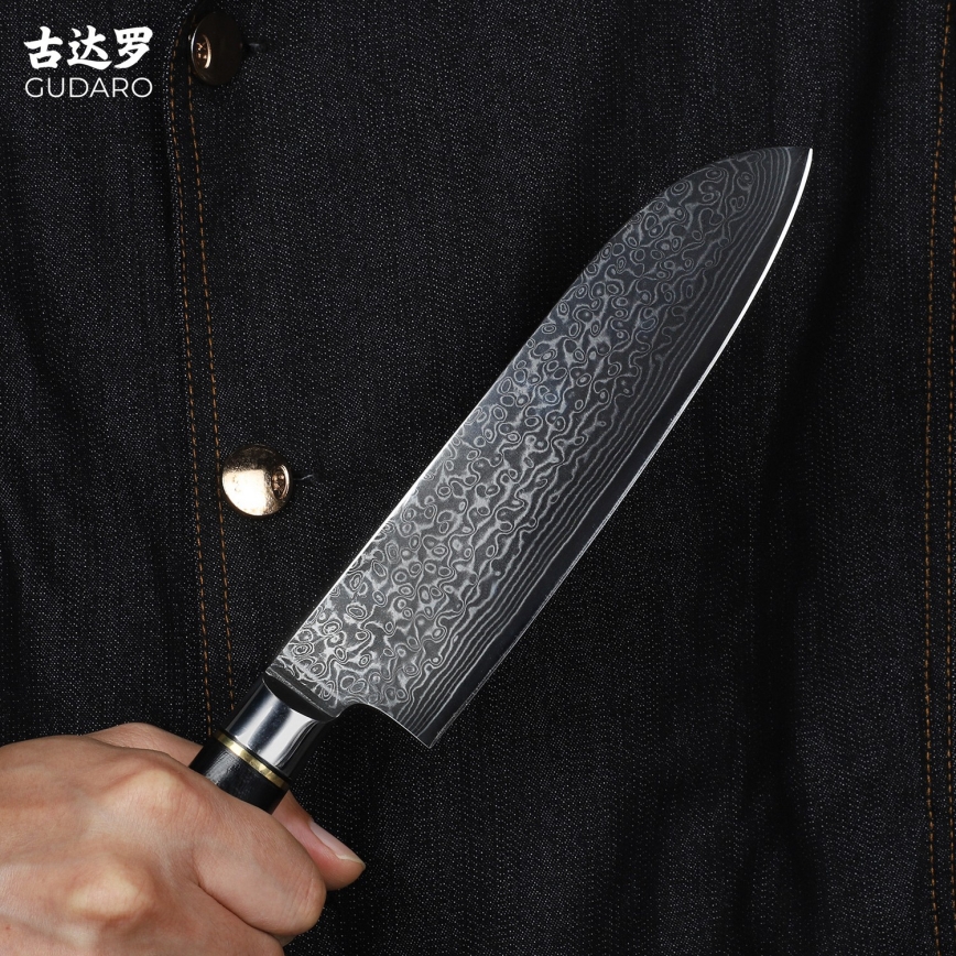 Gudaro - Damast Santoku keukenmes AKIRO 7, 67-laags damaststaal, lemmetlengte 17,5 cm, zwart