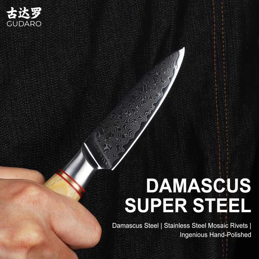 Gudaro - Damast-keukenmes HIKARI 3,5, 67-laags damaststaal, lengte 9,5 cm