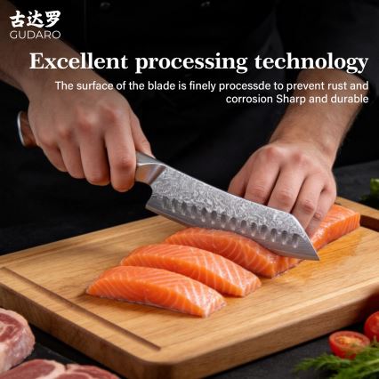 Gudaro - Damaststalen Santoku-keukenmes TAKUMI 7, 67-laags staal, lengte 17,5 cm, walnoothout