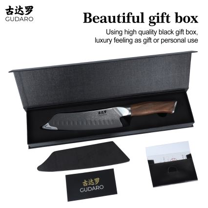 Gudaro - Damaststalen Santoku-keukenmes TAKUMI 7, 67-laags staal, lengte 17,5 cm, walnoothout