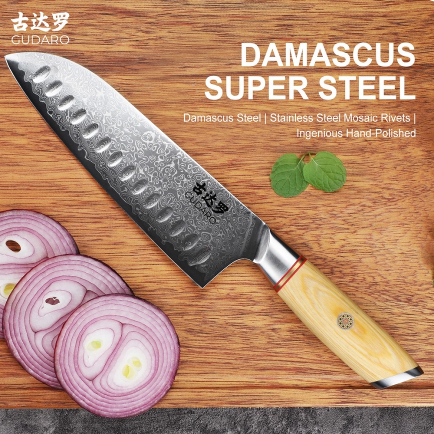 Gudaro - Santoku-keukenmes HIKARI 7, 67-laags damaststaal, lengte 17,5 cm