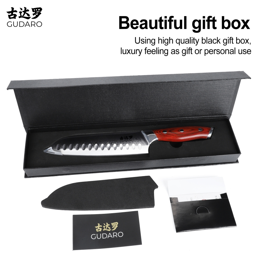 Gudaro - Damast Santoku keukenmes KENSHO 7, 67 lagen damaststaal, lengte 17,5 cm