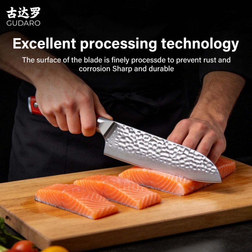 Gudaro - Damast Santoku keukenmes MIYABI 7, 67-laags damaststaal, lengte 17,5 cm