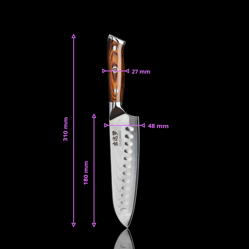 Gudaro - SET 1x damast koksmes FENG 8, 67-laags damaststaal, lengte 20 cm + 1x damast Santokumes FENG 7,5, 67-laags damaststaal, lengte 18 cm + 1x GRATIS damast schilmes FENG 3,5, 67-laags damaststaal, lengte 9,5 cm