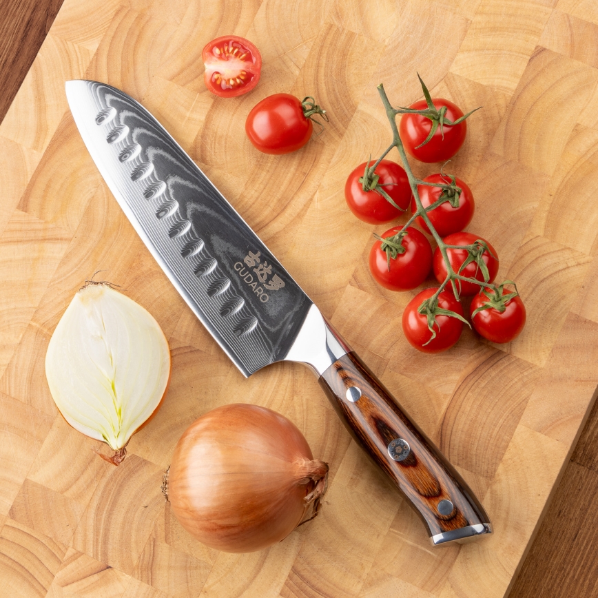 Gudaro - SET 2x damast Santoku keukenmes FENG 7,5, 67-laags damaststaal, lengte 18 cm + 1x GRATIS damast fruitmes FENG 3,5, 67-laags damaststaal, lengte 9,5 cm