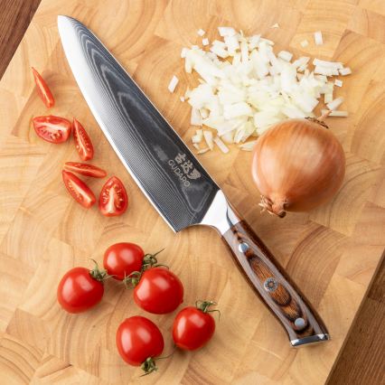 SET 1x damast chefmes FENG 8, 67 lagen staal, lengte 20 cm + 1x damast santokumes FENG 7,5, 67 lagen staal, lengte 18 cm + 1x GRATIS damast fruitmes FENG 3,5, 67 lagen staal, lengte 9,5 cm