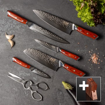 Gudaro - Set van 5 damast MIYABI keukenmessen + messenblok en gevogelteschaar