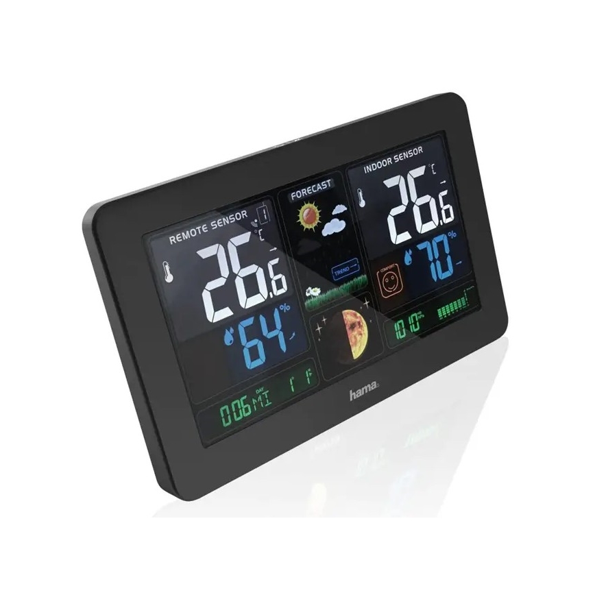 Hama - Weerstation met kleuren LCD-scherm en wekker 230V/2xAA + USB zwart