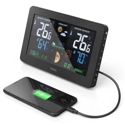 Hama - Weerstation met kleuren LCD-scherm en wekker 230V/2xAA + USB zwart