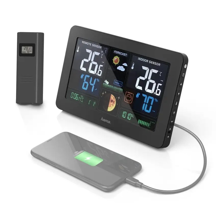 Hama - Weerstation met kleuren LCD-scherm en wekker 230V/2xAA + USB zwart