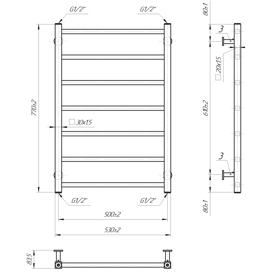 Handdoekladderradiator INOX TOKIO 161W/230V 77x53 cm roestvrij staal / glanzend chroom
