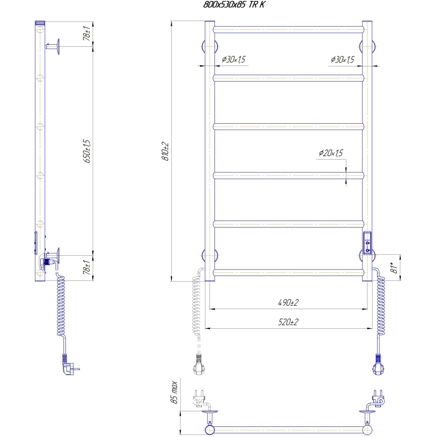 Handdoekradiator CLASSIC 110W/230V 80x53 cm RVS/wit, rechts