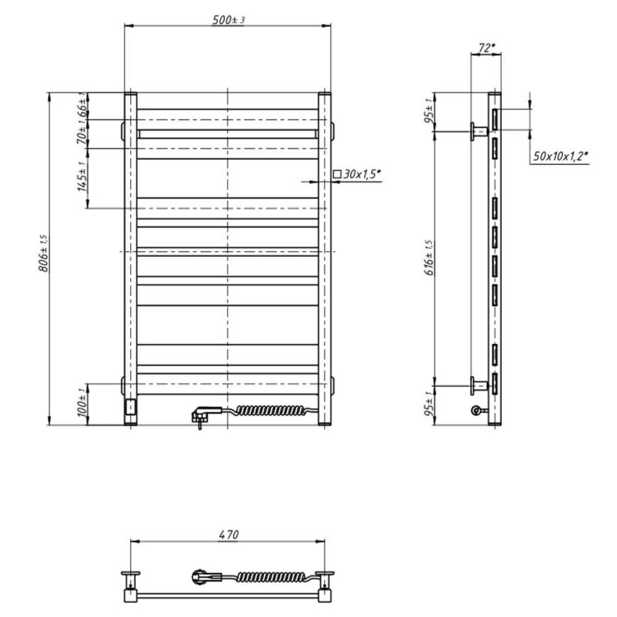 Badkamer handdoekradiator (laddermodel) met thermostaat LARGO 432W/230V 80,6 cm IP44 zwart rechts vierkant