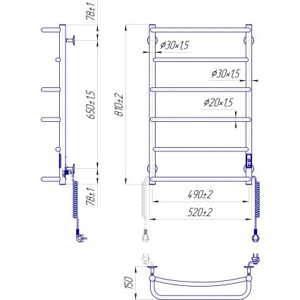 Handdoekradiator LUX 105W/230V 81x52 cm roestvrij staal/zwart, rechts