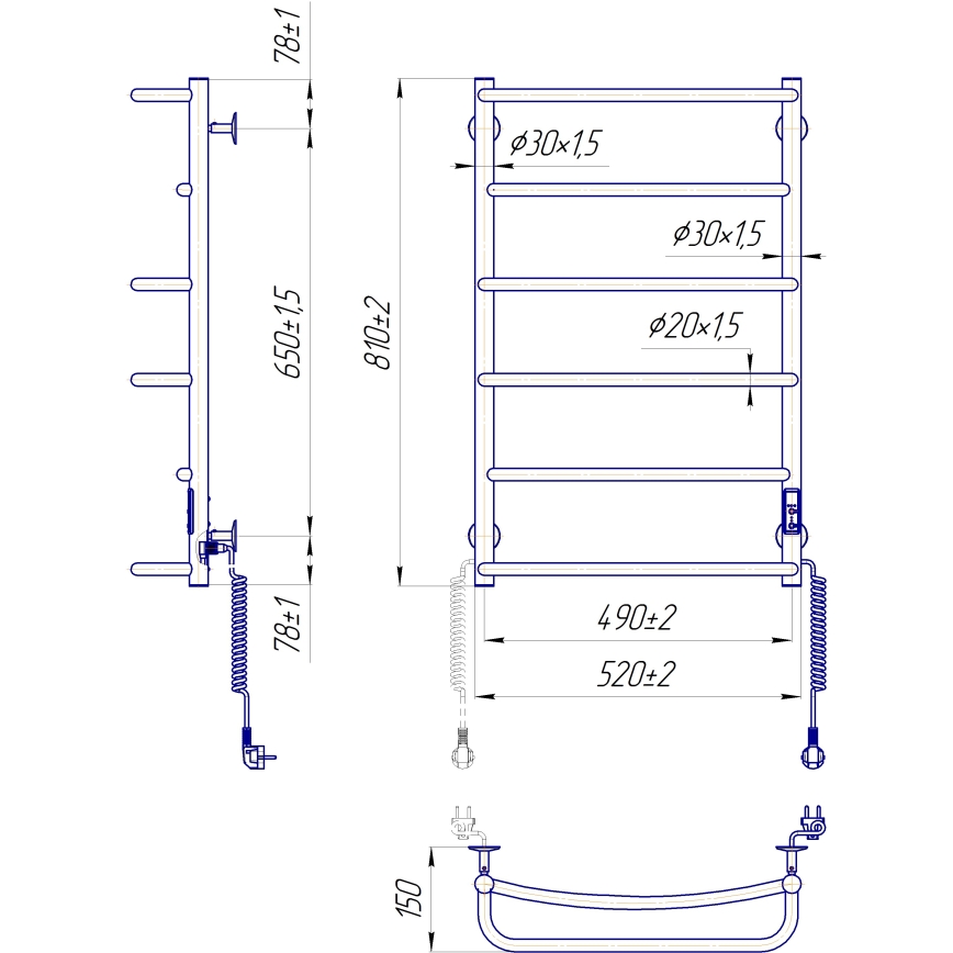 Handdoekradiator LUX 105W/230V 81x52 cm RVS/antraciet rechts
