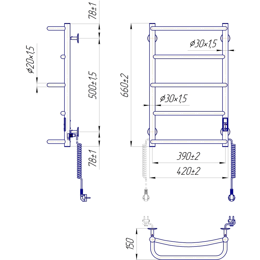 Handdoekradiator LUX 65W/230V 66x42 cm rvs/wit rechts