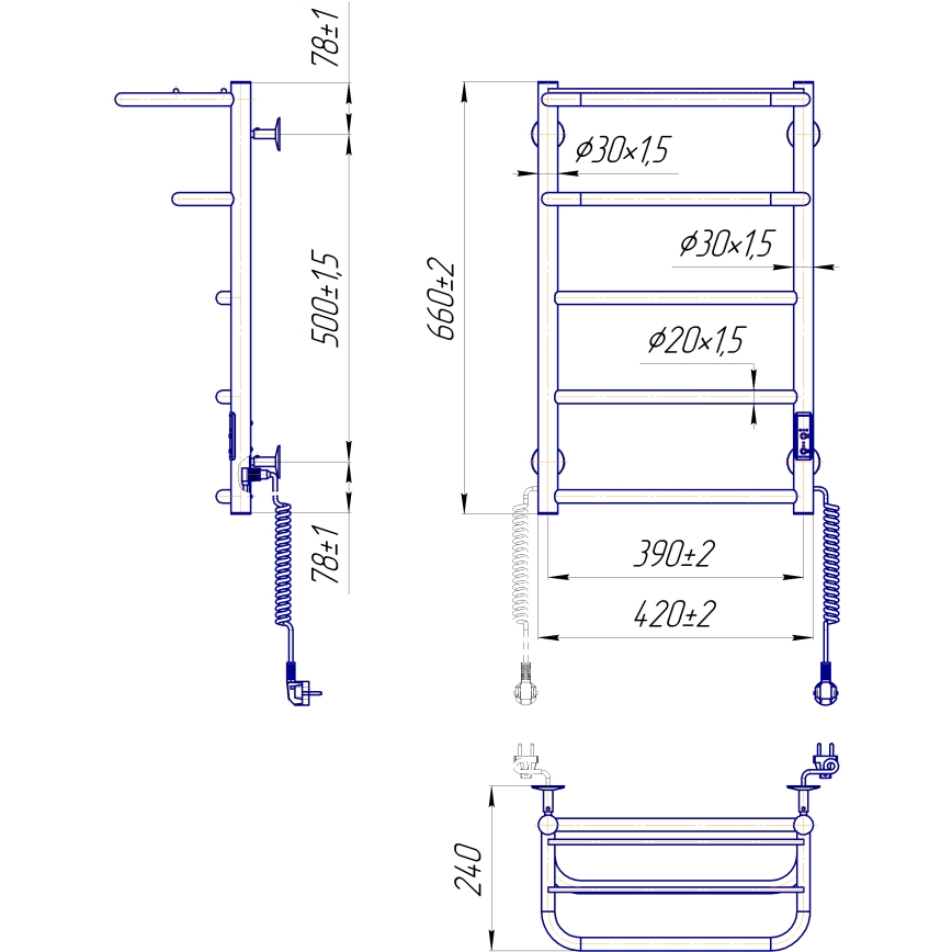 Handdoekradiator voor badkamer HOTEL 75W/230V 65x43 cm, roestvrij staal/wit, rechts