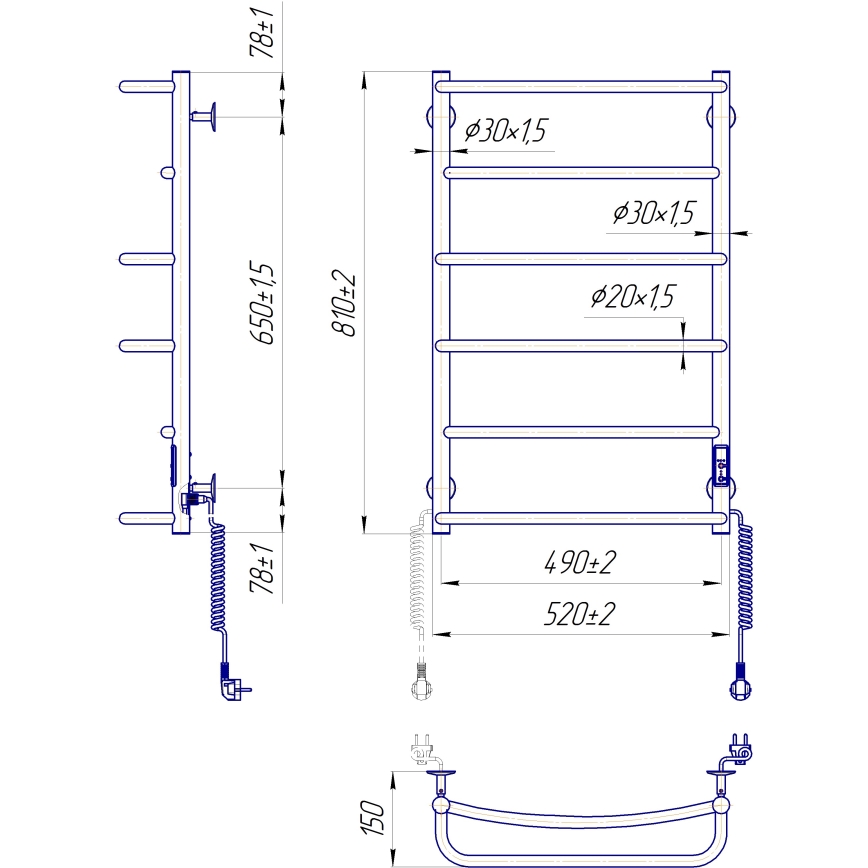 Handdoekradiator voor badkamer LUX 105W/230V 81x52 cm RVS/glanzend chroom rechts