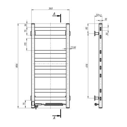 Hoekige badkamerhanddoekradiator met thermostaat AVANGARD 251W/230V 80,6 cm IP44, wit, rechts