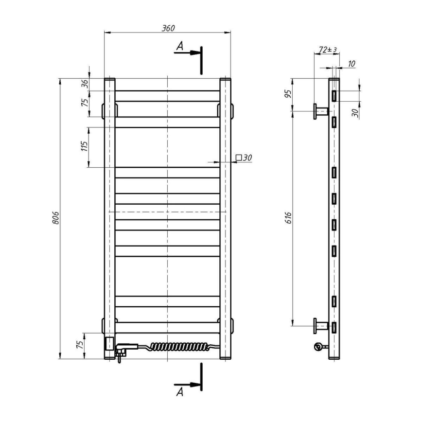 Hoekige badkamerhanddoekradiator met thermostaat AVANGARD 251W/230V 80,6 cm IP44, wit, rechts