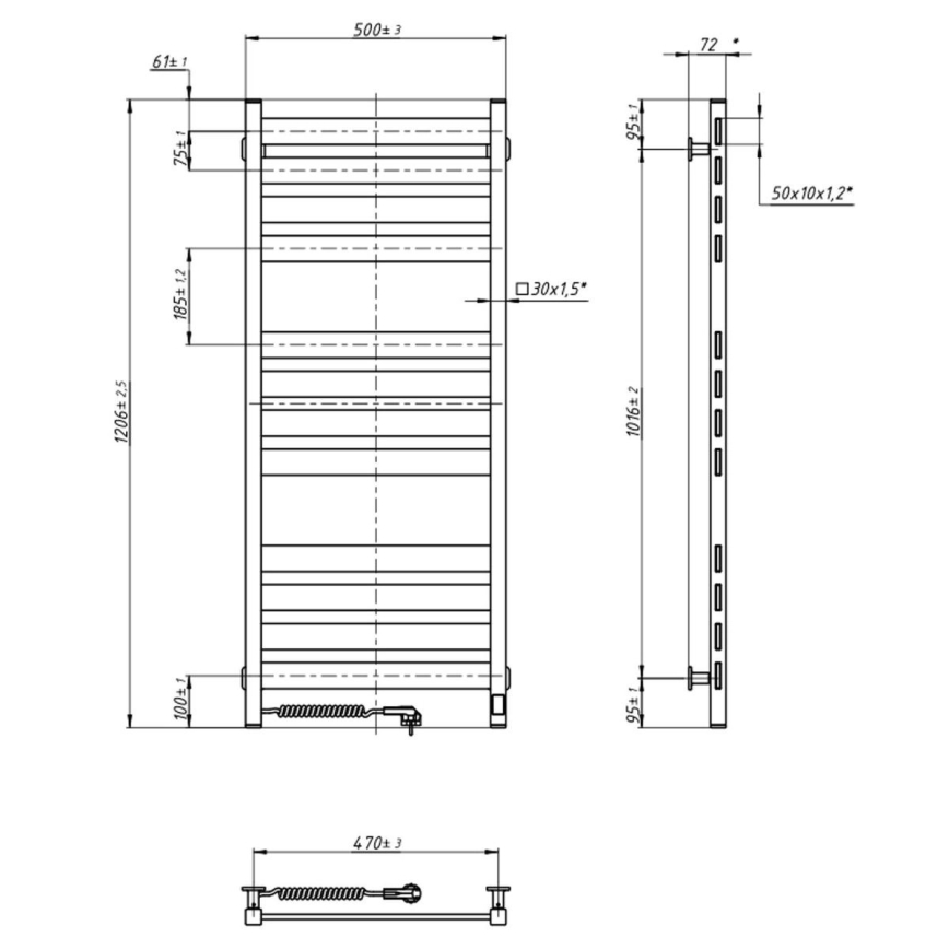 Badkamerradiator (handdoekradiator) met thermostaat LARGO 541W/230V 120,6 cm IP44 zwart links vierkant