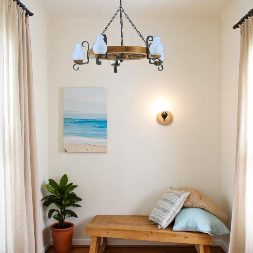 Hanglamp aan een ketting ROATA 5xE14/40W/230V diameter 70 cm beuken - FSC gecertificeerd