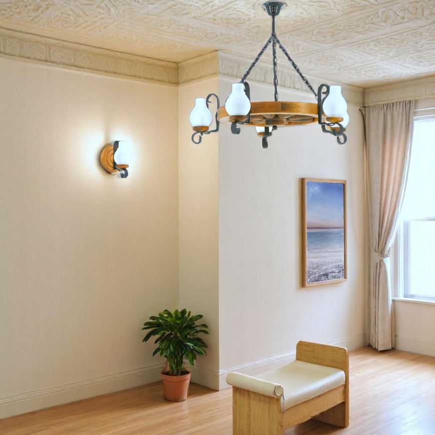 Hanglamp aan een ketting ROATA 5xE14/40W/230V diameter 70 cm beuken - FSC gecertificeerd