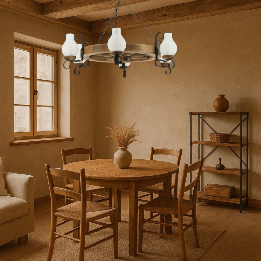 Hanglamp aan een ketting ROATA 6xE14/40W/230V diameter 70 cm beuken - FSC gecertificeerd