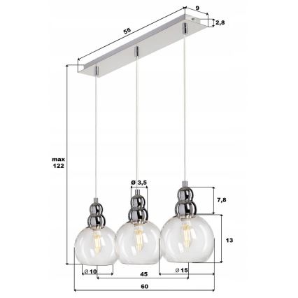 Hanglamp aan een koord AKSO 3xE14/40W/230V zilver