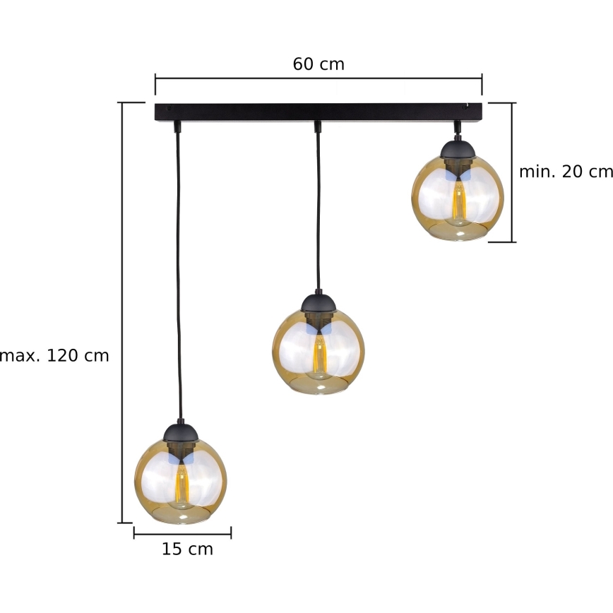 Hanglamp aan een koord AMBRE BLACK 3xE27/60W/230V zwart/gerookt bruin
