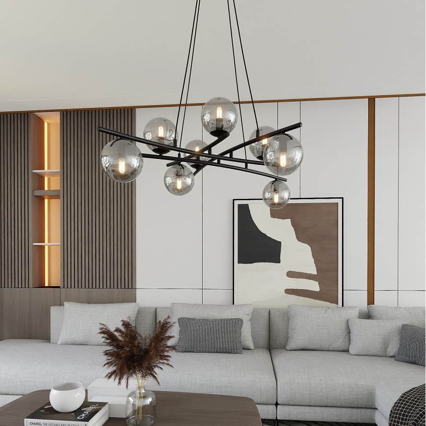Hanglamp aan een koord ESSA 8xE14/10W/230V zwart/gerookt
