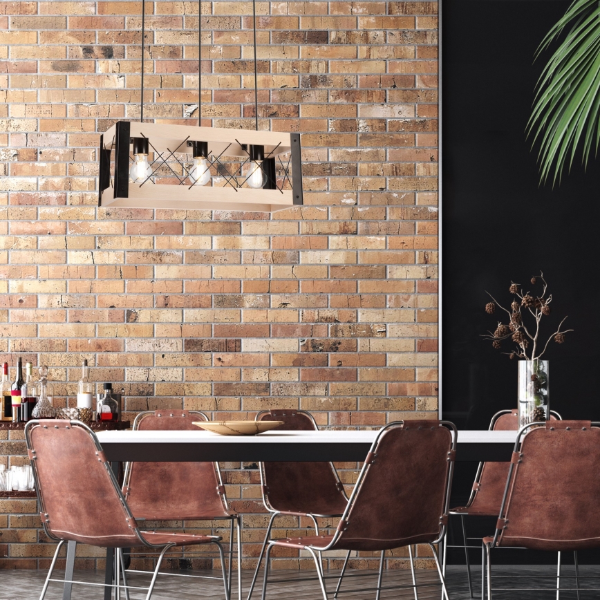 Hanglamp aan een koord FRIDA 3xE27/60W/230V zwart/beige beuken